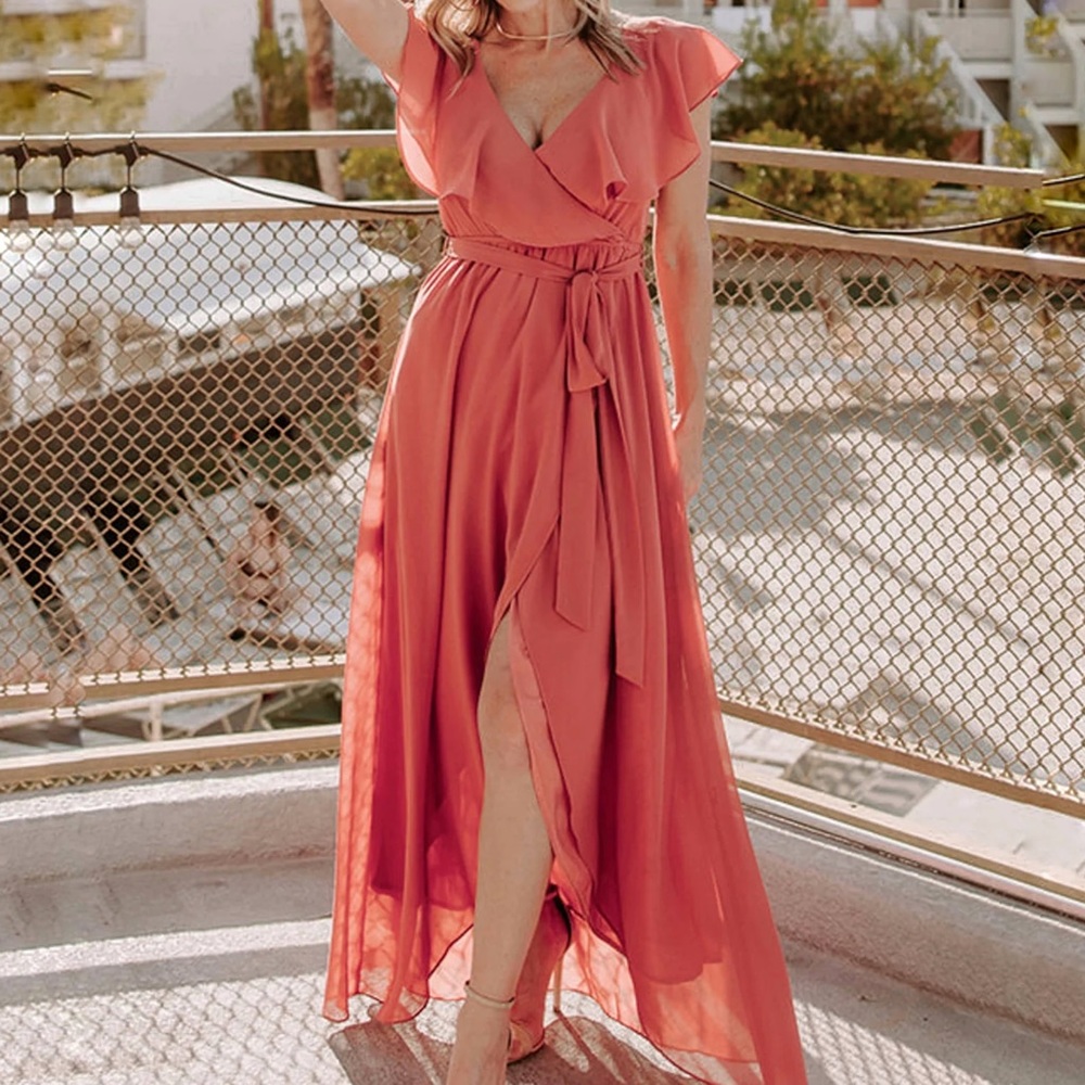 Baltic Born Rosewood Mauve Katya Ruffle Maxi Dress Surplice Top Side Slit